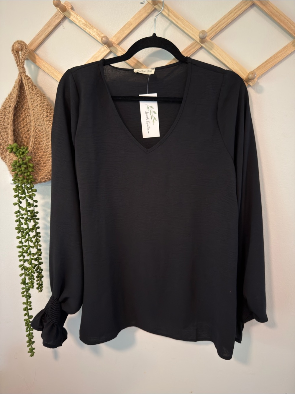 Cotton Bleu Bubble Sleeve Smocking Top Medium Black